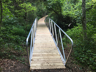 Aluminum gangway from shore to dolphin.